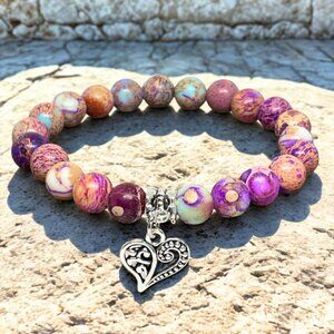 Purple Jasper Gemstone Charm Bracelet - 8mm Stretchy Crystal Jewelry